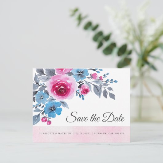Modern rosafarbene Blütenfarbe Save the Date Ankündigungspostkarte (Stehend Vorderseite)