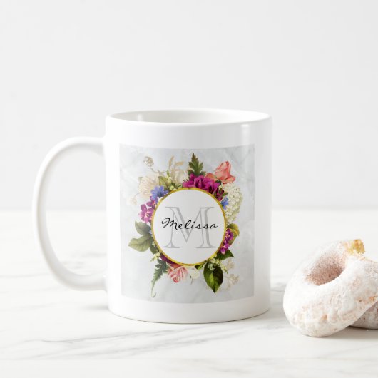 Modern rosafarbenes Blumenmotiv Kaffeetasse (Mit Donut)