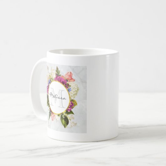 Modern rosafarbenes Blumenmotiv Kaffeetasse (Vorderseite Links)