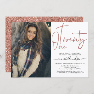 Modern Rose Gold 21. Geburtstag Foto Einladung