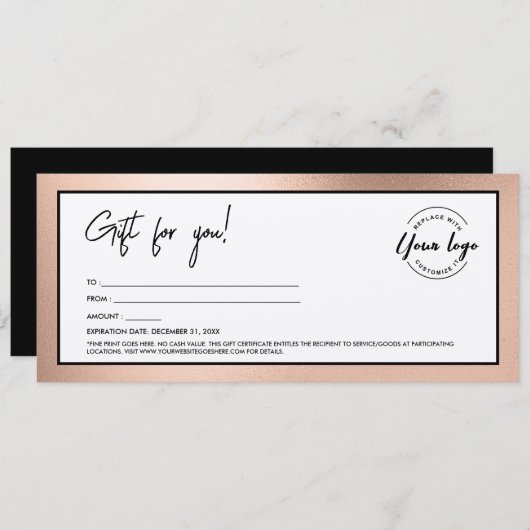 Modern Rose Gold Add Logo Gift Certificate Einladung (Vorne/Hinten)