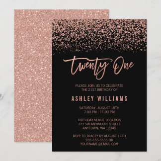 Modern Rose Gold Black Imitats Glitzer 21. Geburts Einladung