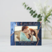 Modern Rose Gold Blue Agate FOTO Save the Date Po Postkarte (Stehend Vorderseite)