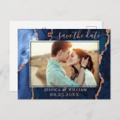 Modern Rose Gold Blue Agate FOTO Save the Date Po Postkarte (Vorne/Hinten)