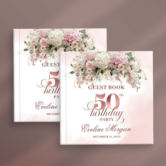 Modern Rose Gold Blush Floral 50th Guest Book Gästebuch