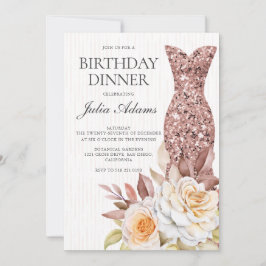 Modern Rose Gold Blush Floral Dress Birthday Einladung