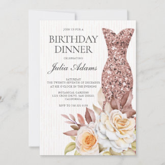 Modern Rose Gold Blush Floral Dress Birthday Einladung