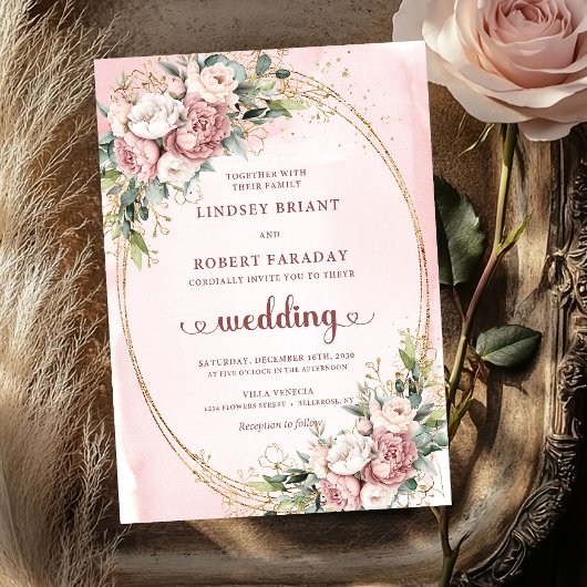 Modern Rose Gold Blush Flowers Eucalyptus Wedding Einladung
