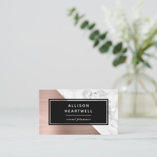 Modern Rose Gold Brushed Metal White Marble Black Visitenkarte (Stehend Vorderseite)