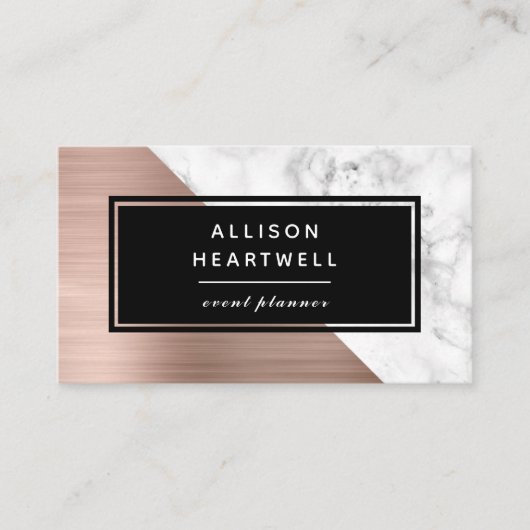 Modern Rose Gold Brushed Metal White Marble Black Visitenkarte (Vorderseite)