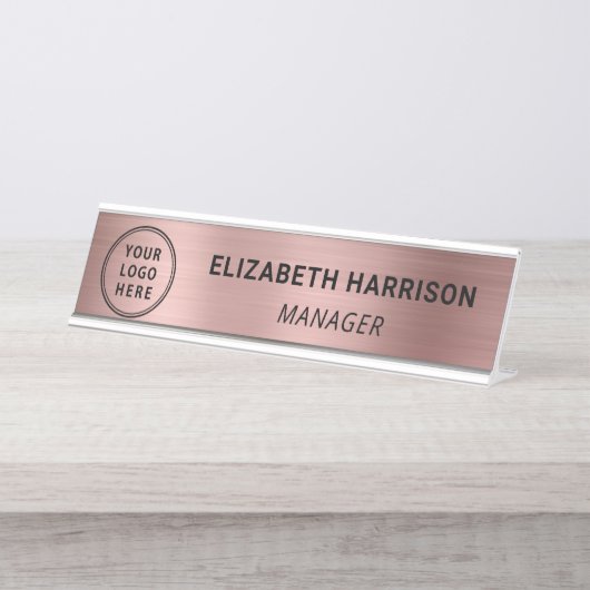 Modern Rose Gold Business Logo Schreibtischnamensplakette (Vorderseite )