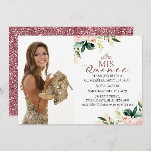 Modern Rose Gold Floral Foto Quinceñera Einladung (Vorne/Hinten)
