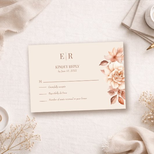 Modern Rose Gold Floral Monogram Wedding RSVP Card Karte