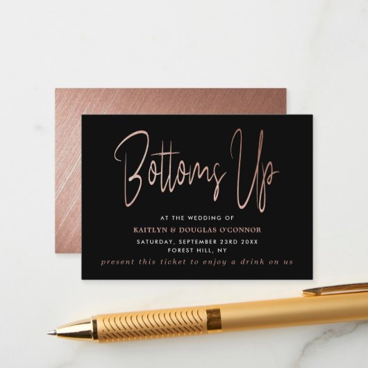 Modern Rose Gold Foil Script Gratis Drink Ticket Begleitkarte (Vorderseite/Rückseite Beispiel)