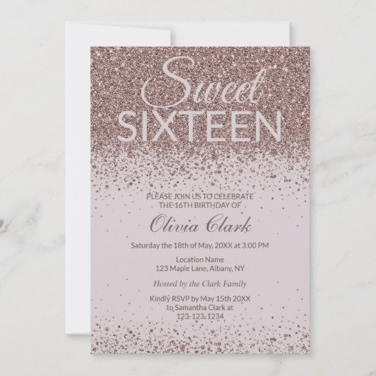 Modern Rose Gold Glitzer 16 . Geburtstag Geburtsta Einladung (Vorderseite)