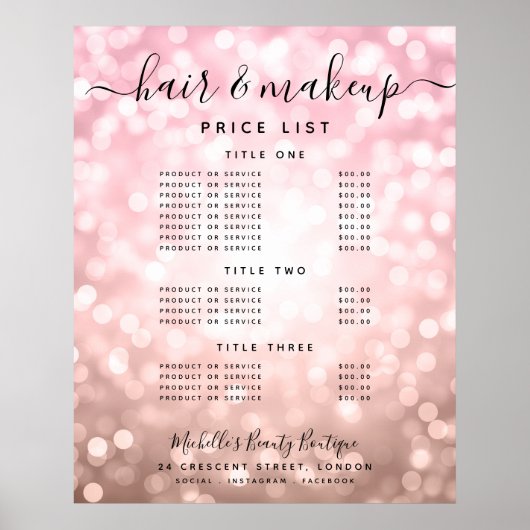Modern Rose Gold Glitzer Lights Salon Preismenü Poster (Vorne)