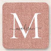 Modern Rose Gold Glitzer Script Monogram Name Glam Getränkeuntersetzer (Vorderseite)