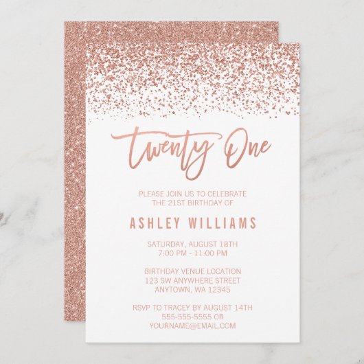 Modern Rose Gold Imitate Glitzer 21. Geburtstag Einladung (Vorne/Hinten)