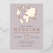 Modern Rose gold lila Weltkarte Hochzeitsreise-Fot Folieneinladung (Vorderseite)