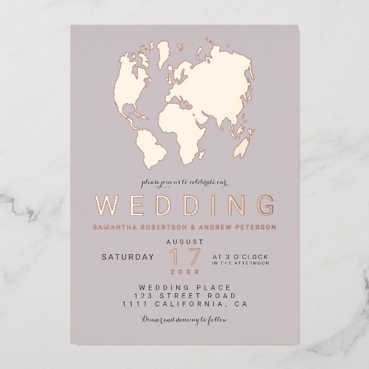 Modern Rose gold lila Weltkarte Hochzeitsreise-Fot Folieneinladung (Vorderseite)