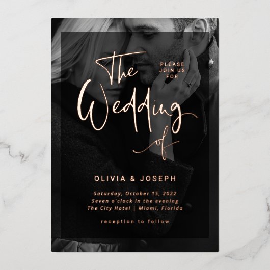 Modern Rose Gold Overlay | Hochzeit von Fotos Folieneinladung (Vorderseite)