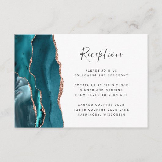 Modern Rose Gold Silver Agate Wedding Reception Begleitkarte (Vorderseite)