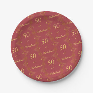 Modern Rot Gold 50 Fantastischer Geburtstag Pappteller