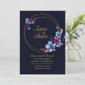 Modern Royal Blue Floral Save the Date Einladung (Stehend Vorderseite)