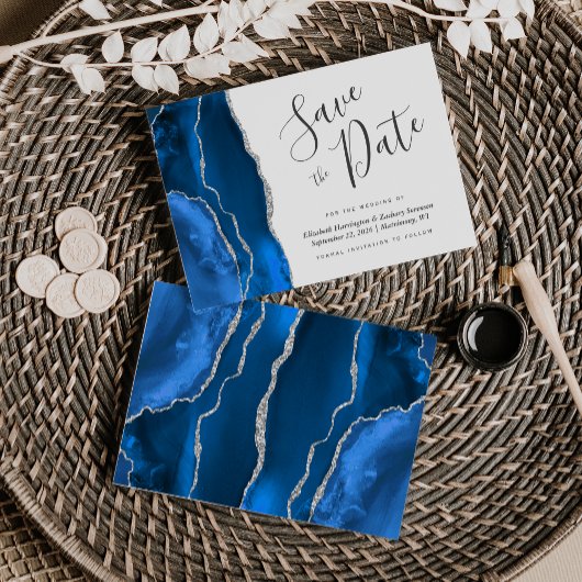 Modern Royal Blue Silver Agate Save the Date Card Einladung