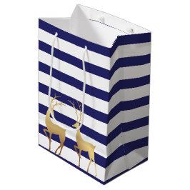 Modern Royal Blue Stripes Gold Deer Mittlere Geschenktüte
