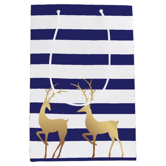 Modern Royal Blue Stripes Gold Deer Mittlere Geschenktüte (Vorderseite)