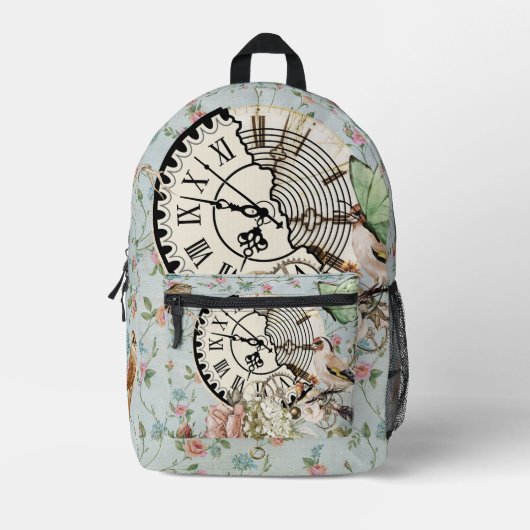 Modern rustic antique clock Blue floral pattern Bedruckter Rucksack (Vorderseite)