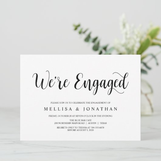 Modern Rustic, Black script, Engagement Party Einladung (Stehend Vorderseite)