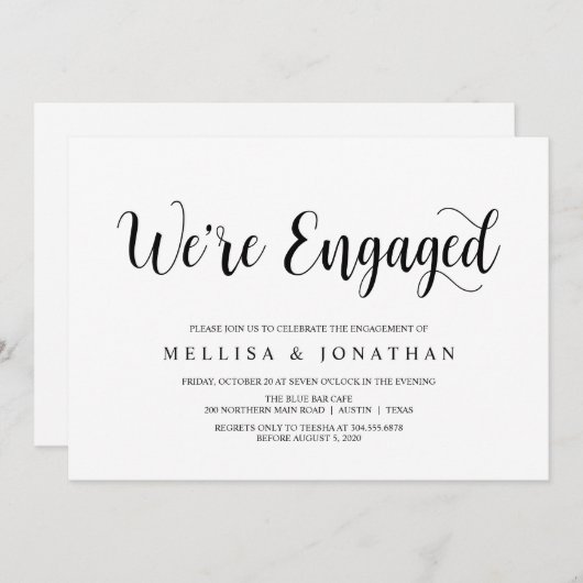 Modern Rustic, Black script, Engagement Party Einladung (Vorne/Hinten)