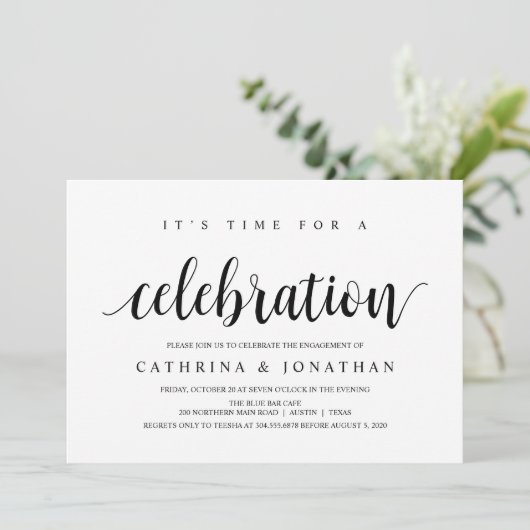 Modern Rustic, Black script, Engagement Party Einladung (Stehend Vorderseite)