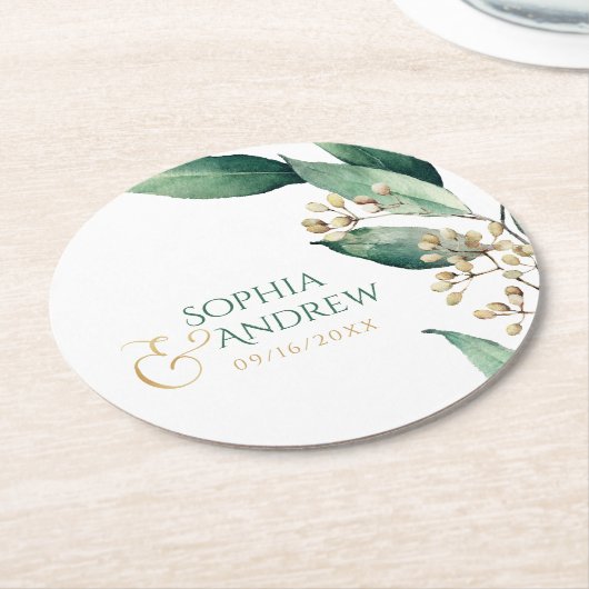 Modern rustic botanical greenery wedding monogram runder pappuntersetzer (Angewinkelt)