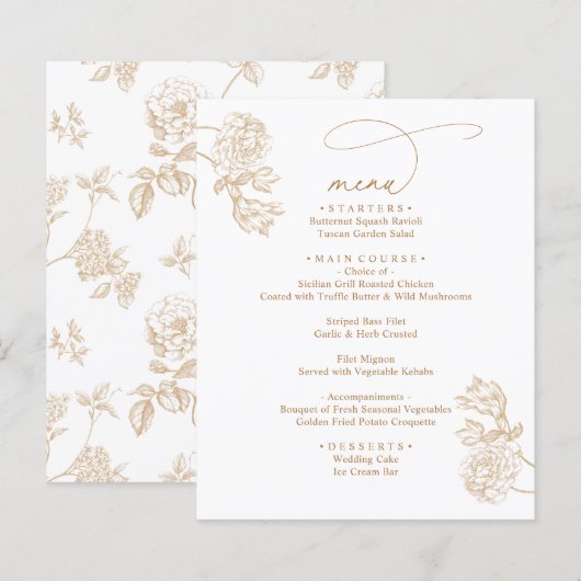 Modern Rustic Gold Floral Wedding Menus (Vorne/Hinten)