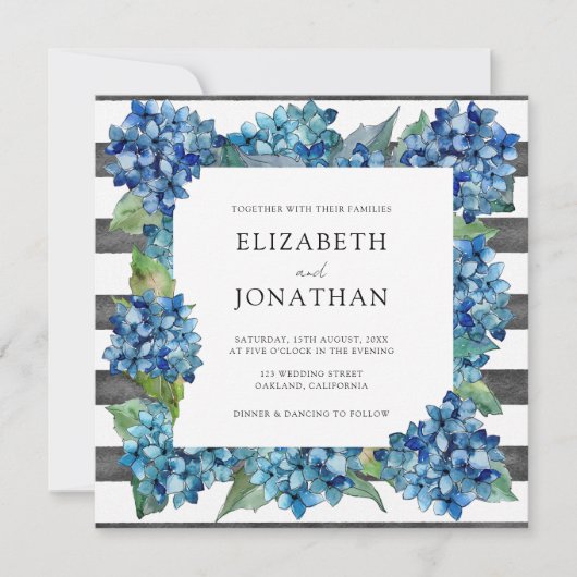 Modern Rustic Gray Blue Hydrangeas Striped Wedding Einladung (Vorderseite)