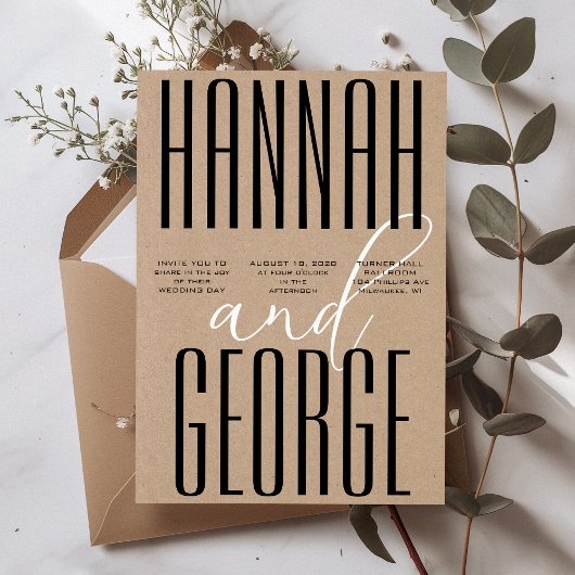 Modern Rustic Kraft Black & White QR Code Wedding Einladung