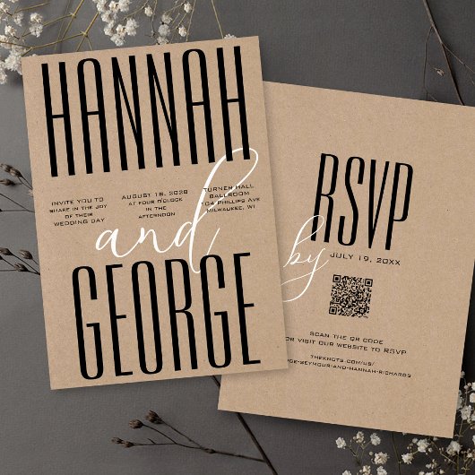 Modern Rustic Kraft Black & White QR Code Wedding Einladung