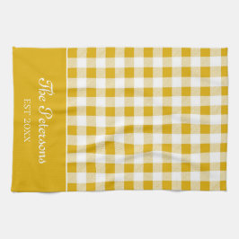 Modern Rustic Mustard Yellow Gingham Familienname Geschirrtuch