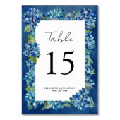 Modern Rustic Navy Blue Hydrangeas Striped Wedding Tischnummer (Rückseite)