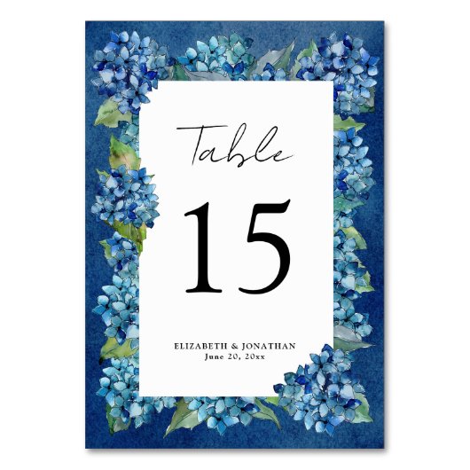 Modern Rustic Navy Blue Hydrangeas Striped Wedding Tischnummer (Rückseite)