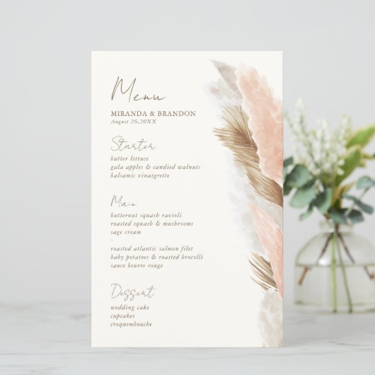 Modern Rustic Pampas Grass Wedding Menu Card (Stehend Vorderseite)