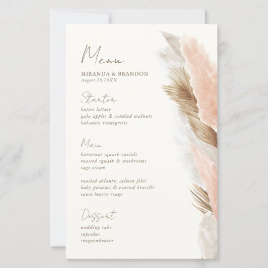 Modern Rustic Pampas Grass Wedding Menu Card (Vorderseite)