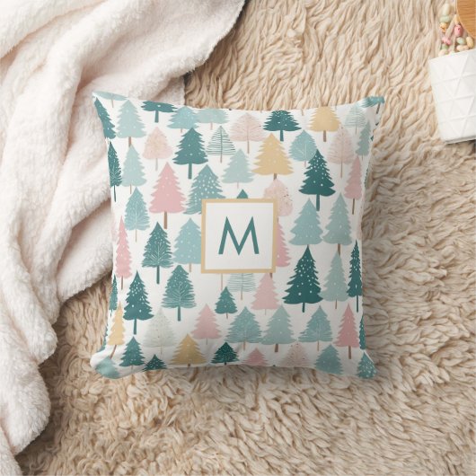 Modern Rustic Pine Forest Christmas Trees Monogram Kissen (Decke)