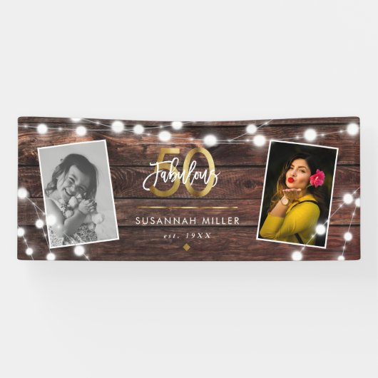 Modern Rustic String Lights Gold Fab 50. Geburtsta Banner (Horizontal)