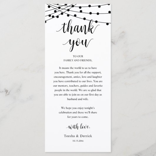 Modern Rustic Wedding Dinner Thank You Card Programm (Vorderseite)