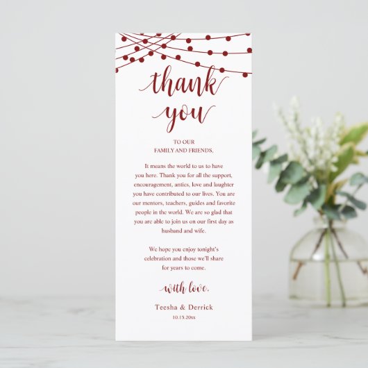 Modern Rustic Wedding Dinner Thank You Card Programm (Stehend Vorderseite)