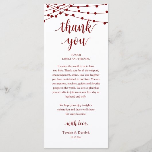 Modern Rustic Wedding Dinner Thank You Card Programm (Vorderseite)